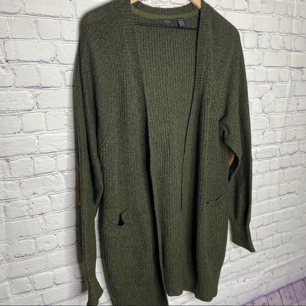 RDI dark green cardigan sweater w elbow patches